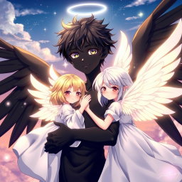 An anime scene featuring a boy angel with striking black skin and large, elegant black wings, embracing a group of angelic girls with delicate white wings