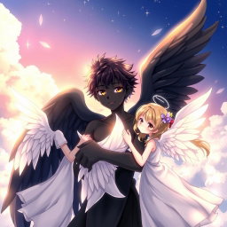 An anime scene featuring a boy angel with striking black skin and large, elegant black wings, embracing a group of angelic girls with delicate white wings