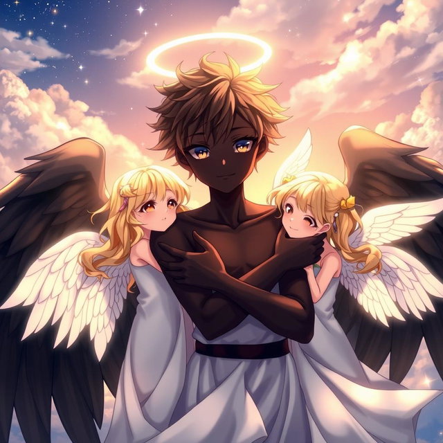 An anime scene featuring a boy angel with striking black skin and large, elegant black wings, embracing a group of angelic girls with delicate white wings