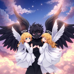 An anime scene featuring a boy angel with striking black skin and large, elegant black wings, embracing a group of angelic girls with delicate white wings