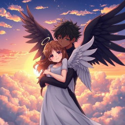 An anime-style scene featuring a handsome anime boy angel with dark skin and striking black wings, embracing a beautiful angel girl with delicate white wings