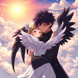 An anime-style scene featuring a handsome anime boy angel with dark skin and striking black wings, embracing a beautiful angel girl with delicate white wings