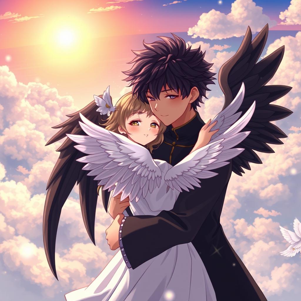 An anime-style scene featuring a handsome anime boy angel with dark skin and striking black wings, embracing a beautiful angel girl with delicate white wings