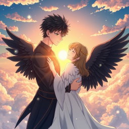 An anime-style scene featuring a handsome anime boy angel with dark skin and striking black wings, embracing a beautiful angel girl with delicate white wings