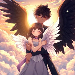 An anime-style scene featuring a handsome anime boy angel with dark skin and striking black wings, embracing a beautiful angel girl with delicate white wings