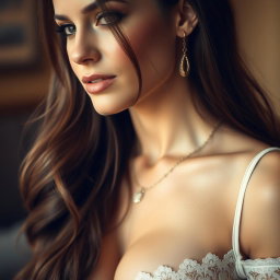 A close-up portrait of a glamorous woman with long, flowing hair cascading over her shoulders, wearing a sheer lace top that subtly reveals her bra line