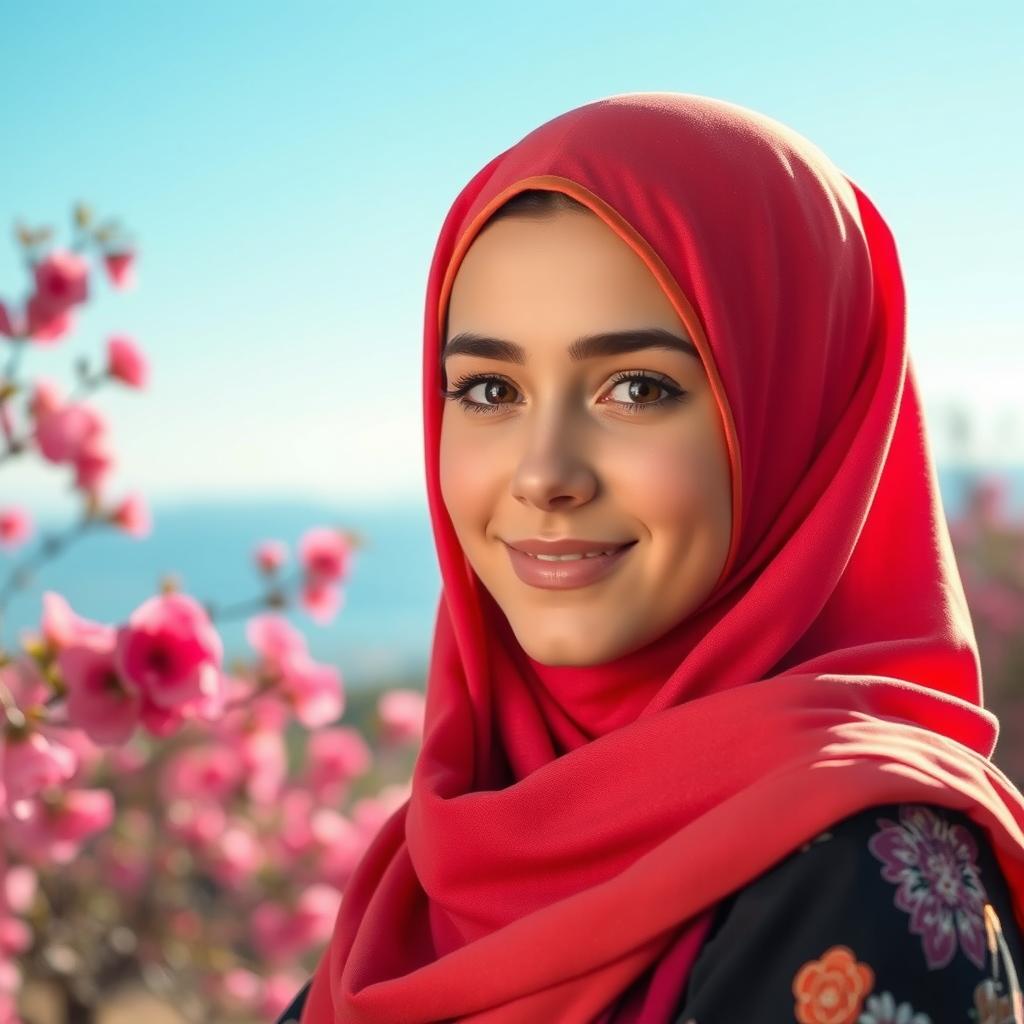 A beautiful hijabi girl wearing a vibrant colored hijab that complements her outfit, standing gracefully in a scenic outdoor environment