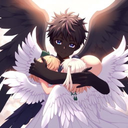 An anime scene depicting a serene moment between an angelic boy with striking black skin and large black wings, embracing a group of angelic girls adorned with pristine white wings