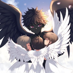 An anime scene depicting a serene moment between an angelic boy with striking black skin and large black wings, embracing a group of angelic girls adorned with pristine white wings