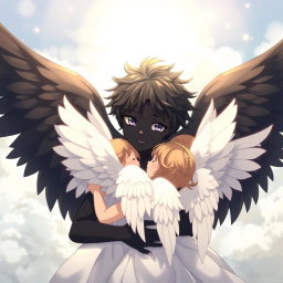 An anime scene depicting a serene moment between an angelic boy with striking black skin and large black wings, embracing a group of angelic girls adorned with pristine white wings