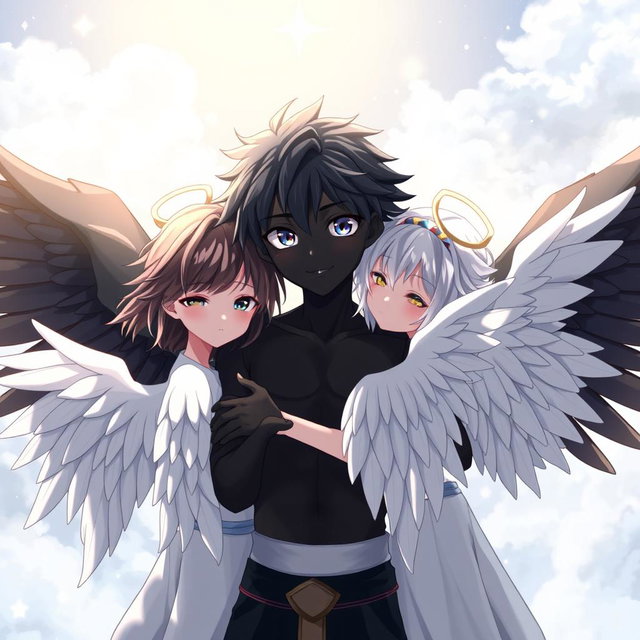 An anime scene depicting a serene moment between an angelic boy with striking black skin and large black wings, embracing a group of angelic girls adorned with pristine white wings