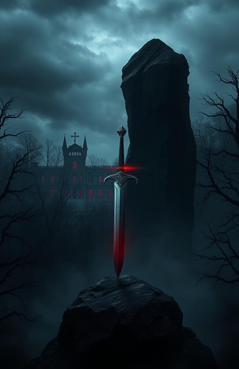 A dark, ominous black forest setting surrounding a city that appears to be in ruins, with walls stained in a vivid red, signifying destruction and chaos