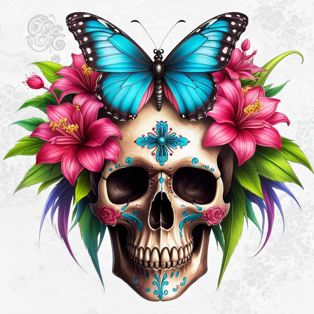 Embrace the Enigma: Skull, Butterfly & Blooms
