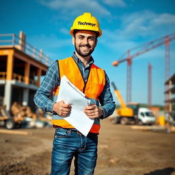 A construction worker in a bright yellow hard hat prominently displaying the word 'Technisyr'