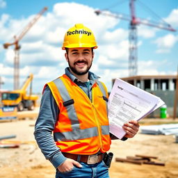 A construction worker in a bright yellow hard hat prominently displaying the word 'Technisyr'