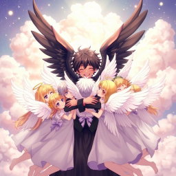 An anime boy angel with striking black wings and dark skin is joyfully hugging ten angelic girls who are depicted with beautiful white wings