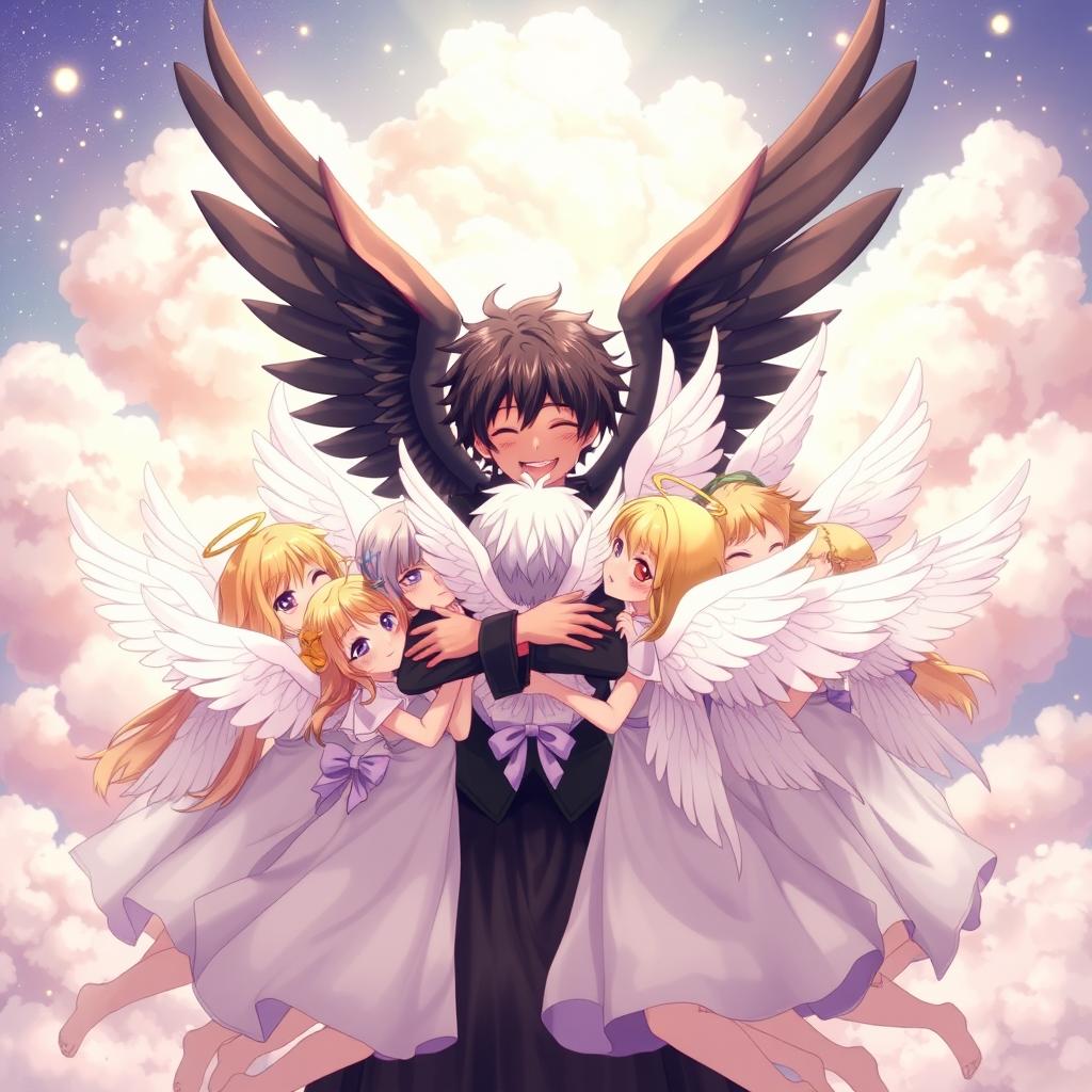 An anime boy angel with striking black wings and dark skin is joyfully hugging ten angelic girls who are depicted with beautiful white wings