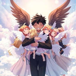 An anime boy angel with striking black wings and dark skin is joyfully hugging ten angelic girls who are depicted with beautiful white wings