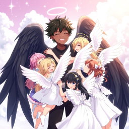 An anime boy angel with striking black wings and dark skin is joyfully hugging ten angelic girls who are depicted with beautiful white wings