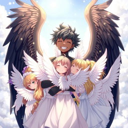 An anime boy angel with striking black wings and dark skin is joyfully hugging ten angelic girls who are depicted with beautiful white wings