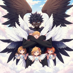A striking anime scene featuring a strong and captivating anime boy with black skin and large, majestic black wings