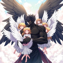A striking anime scene featuring a strong and captivating anime boy with black skin and large, majestic black wings