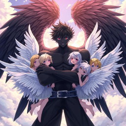 A striking anime scene featuring a strong and captivating anime boy with black skin and large, majestic black wings