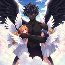 A striking anime scene featuring a strong and captivating anime boy with black skin and large, majestic black wings