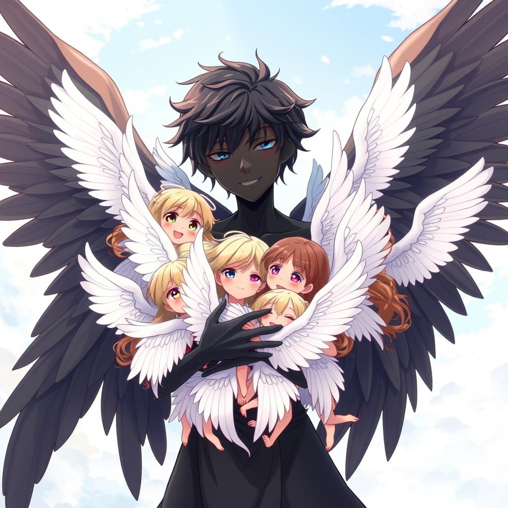 An anime boy angel with striking black skin and majestic black wings is gently hugging ten angel girls, each with beautiful, pure white wings