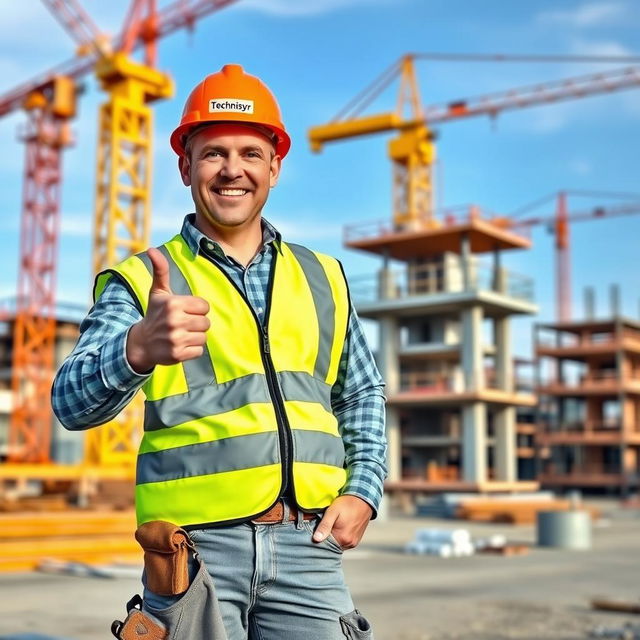 A cheerful construction worker wearing a bright orange construction hat labeled 'Technisyr'