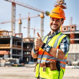 A cheerful construction worker wearing a bright orange construction hat labeled 'Technisyr'