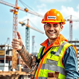 A cheerful construction worker wearing a bright orange construction hat labeled 'Technisyr'
