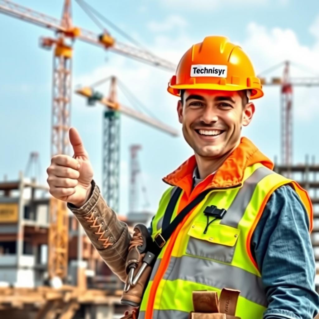 A cheerful construction worker wearing a bright orange construction hat labeled 'Technisyr'
