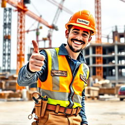 A cheerful construction worker wearing a bright orange construction hat labeled 'Technisyr'