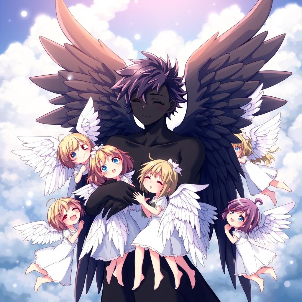 An anime boy angel with striking black skin and large, majestic black wings is gently hugging ten beautiful anime girl angels, each with pristine white wings