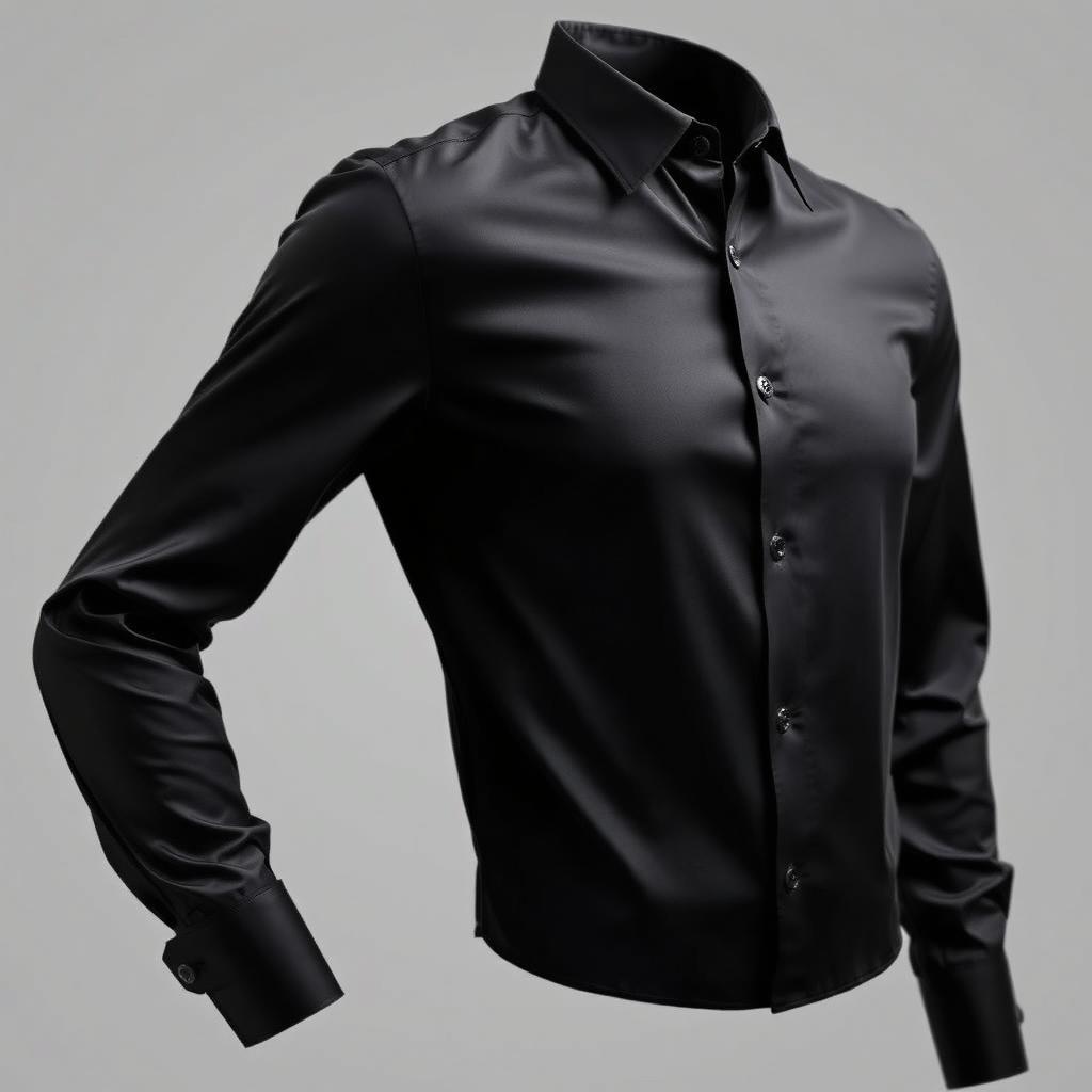 A stylish black shirt designed with a modern aesthetic, featuring a sleek silhouette and elegant cut