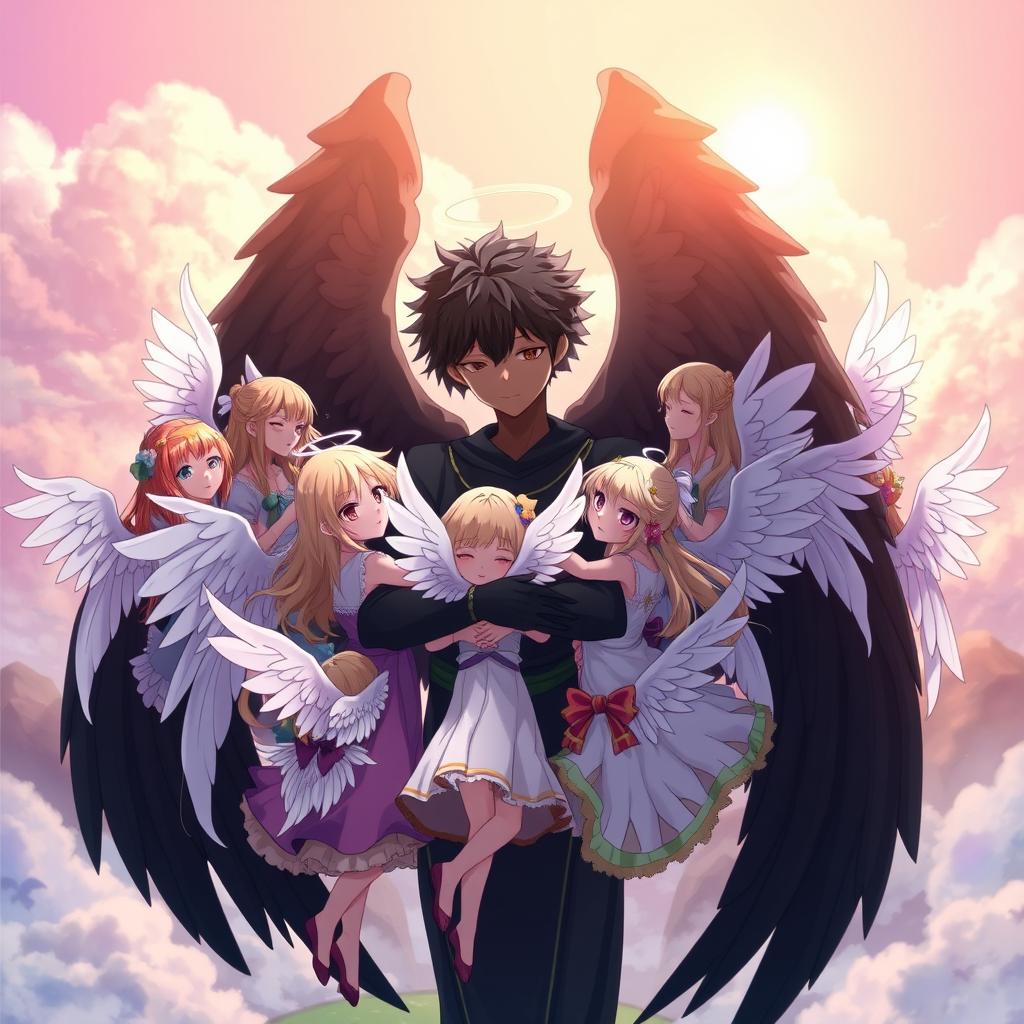 An anime scene depicting a boy angel with black skin and magnificent black wings, tenderly embracing ten angel girls who are surrounding him