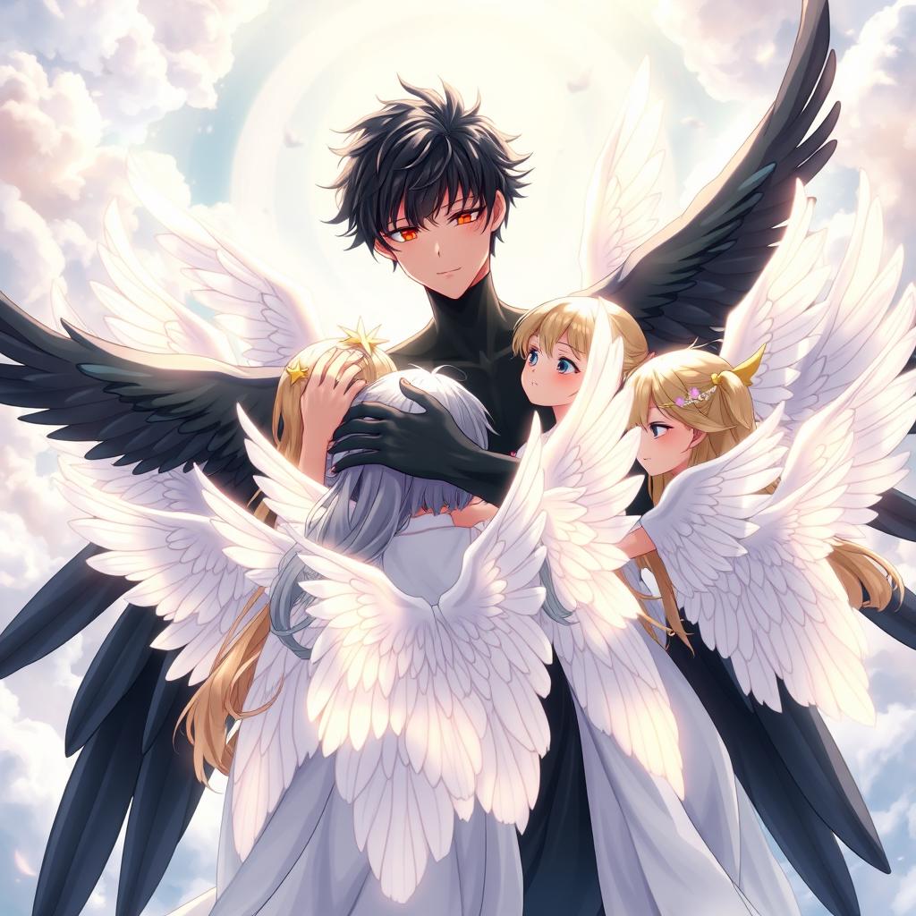 An anime boy angel with black wings and black skin is embracing ten angel girls with white wings