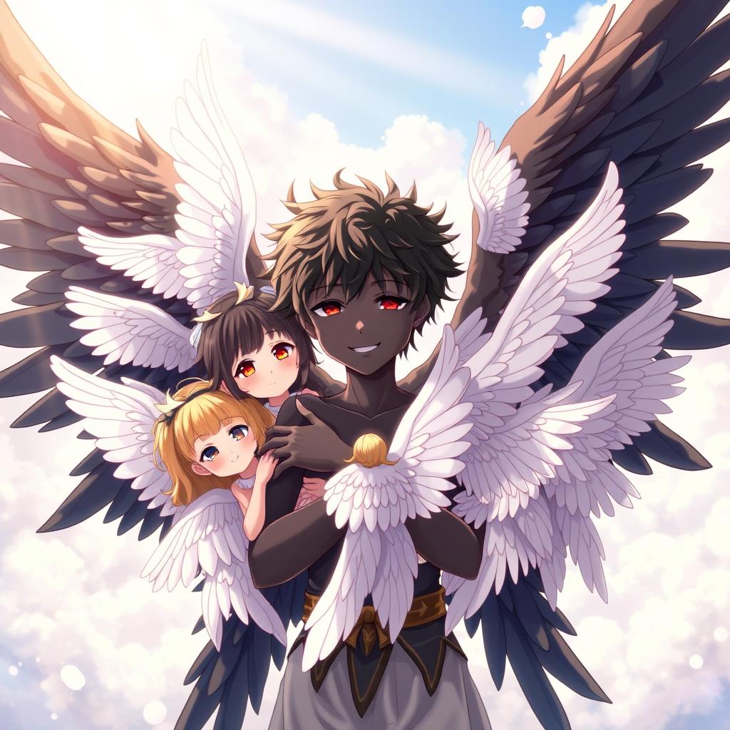 An anime boy angel with stunning black skin and majestic black wings is warmly embracing ten beautiful angel girls who all have ethereal white wings