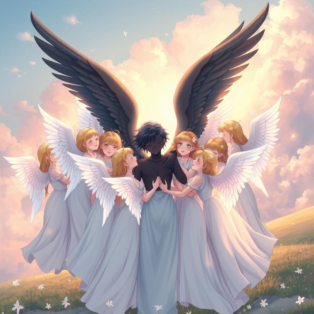 An anime boy angel with striking black skin and majestic black wings embraces ten beautiful angel girls, all with glowing white wings