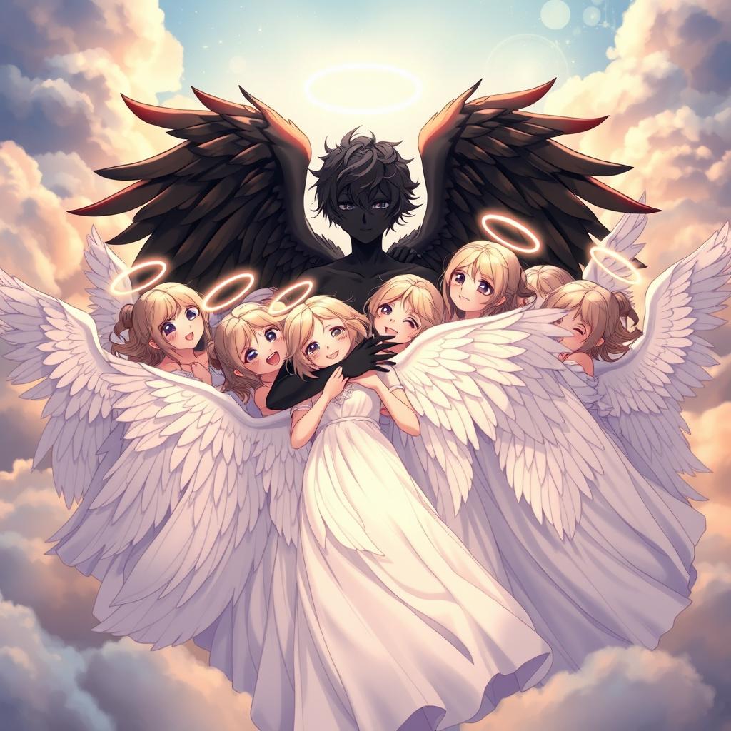 A serene scene depicting an anime boy angel with striking black skin and elaborate black wings, surrounded by ten angelic girls with ethereal white wings
