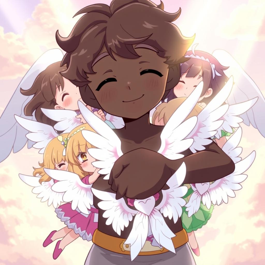 An anime scene featuring a charming angel boy with black skin, joyfully embracing ten angel girls, each adorned with beautiful white wings