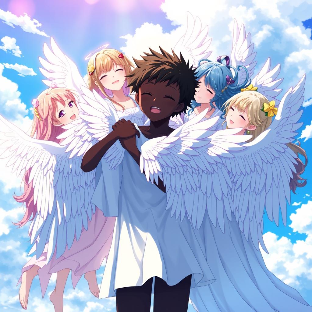 An anime scene featuring a beautiful angel boy with black skin, joyfully hugging ten angel girls, each adorned with magnificent white wings