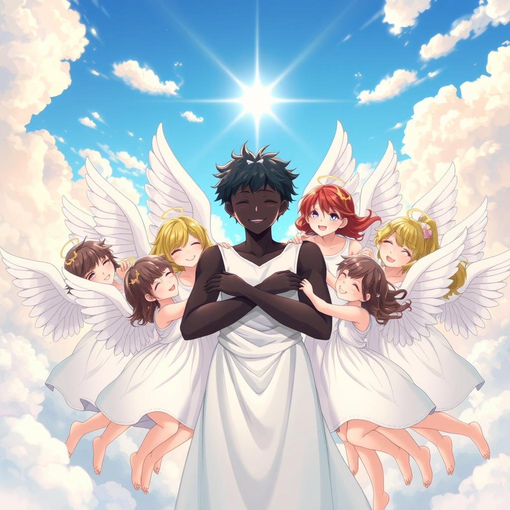 An anime-style illustration featuring a handsome angel boy with black skin, embracing ten angel girls with pristine white wings