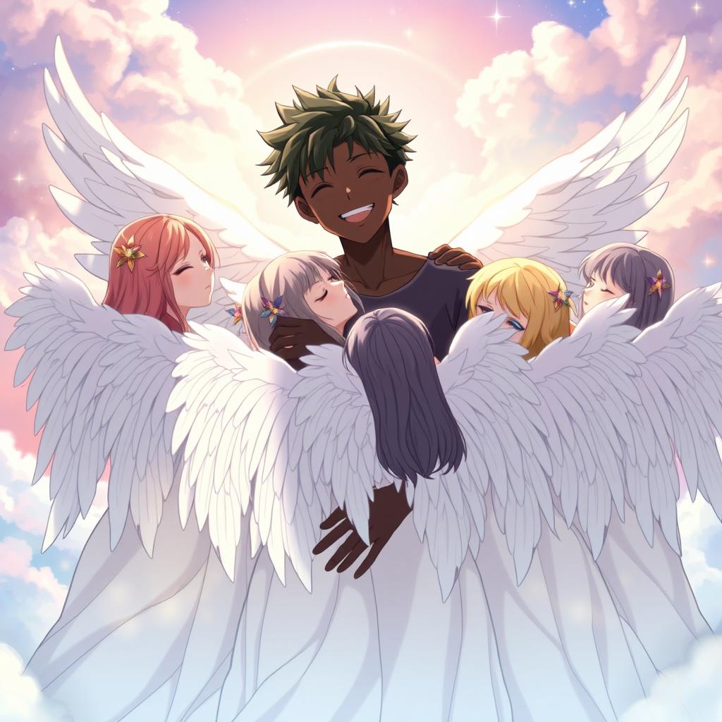 An anime-style scene featuring a handsome angel boy with black skin, casting a warm and joyful expression as he embraces ten angel girls