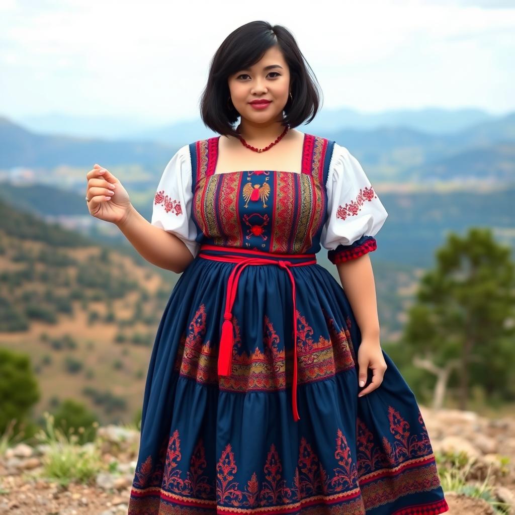 A very curvy girl with an oval face and short black hair, standing confidently from head to toe