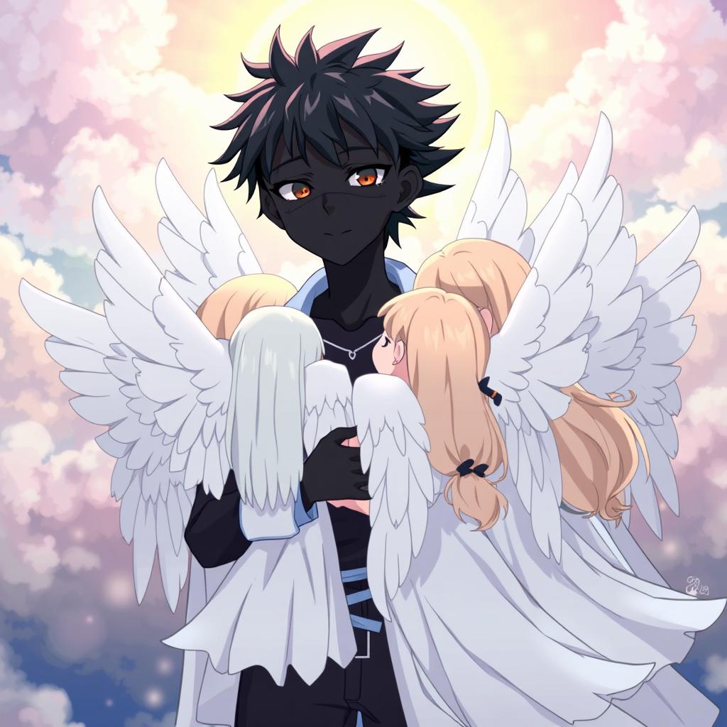 An anime scene featuring a stylish angel boy with black skin and striking features, embracing a group of ten angel girls, each with beautiful white wings