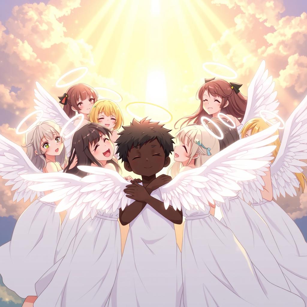 An anime scene featuring a charming angel boy with smooth black skin and bright white halos, joyfully hugging ten angelic girls who each have stunning white wings that shimmer in the light