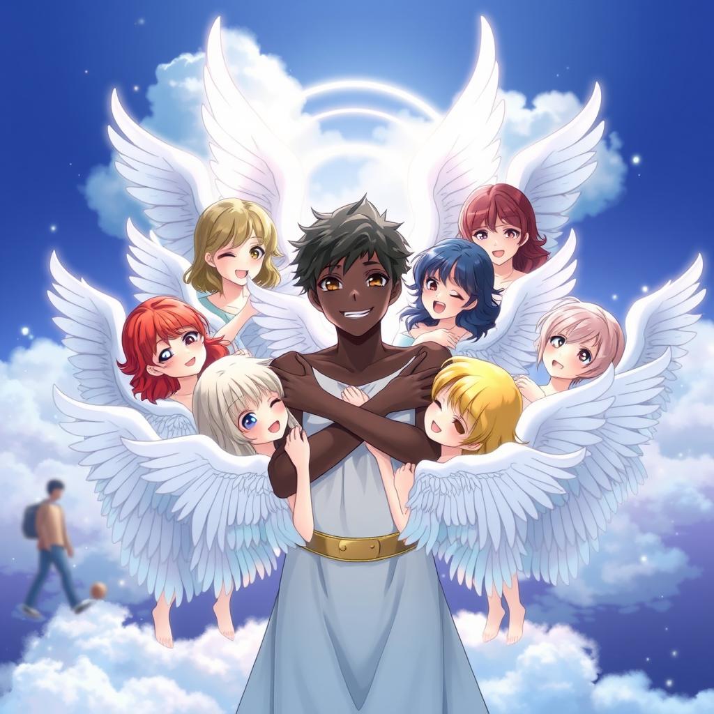 An enchanting scene depicting an anime angel boy with dark skin, surrounded by ten beautiful angel girls with ethereal white wings