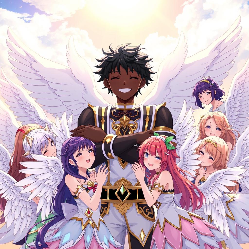 An anime scene featuring a striking angel boy with dark skin, embracing ten angel girls, each adorned with large, white wings that radiate purity and light